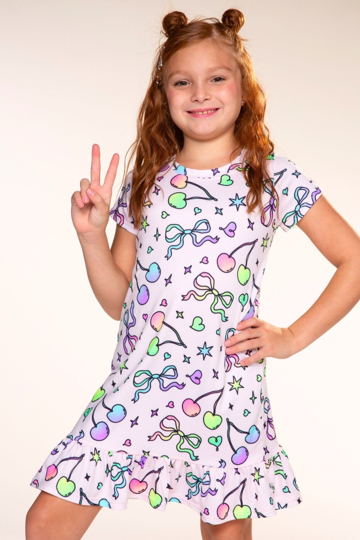 Simply Soft Short Sleeve Ruffle Lounge Dress - Pink Rainbow Bow Cherry - NEW