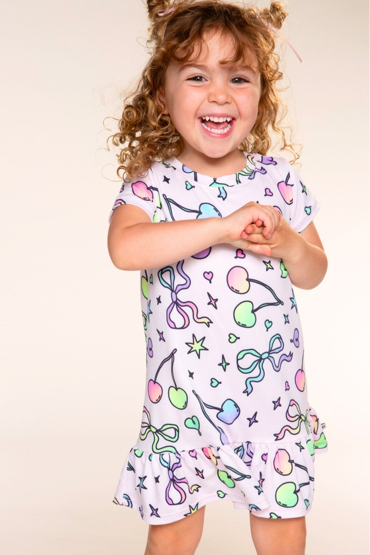 Simply Soft Short Sleeve Ruffle Lounge Dress - Pink Rainbow Bow Cherry - NEW