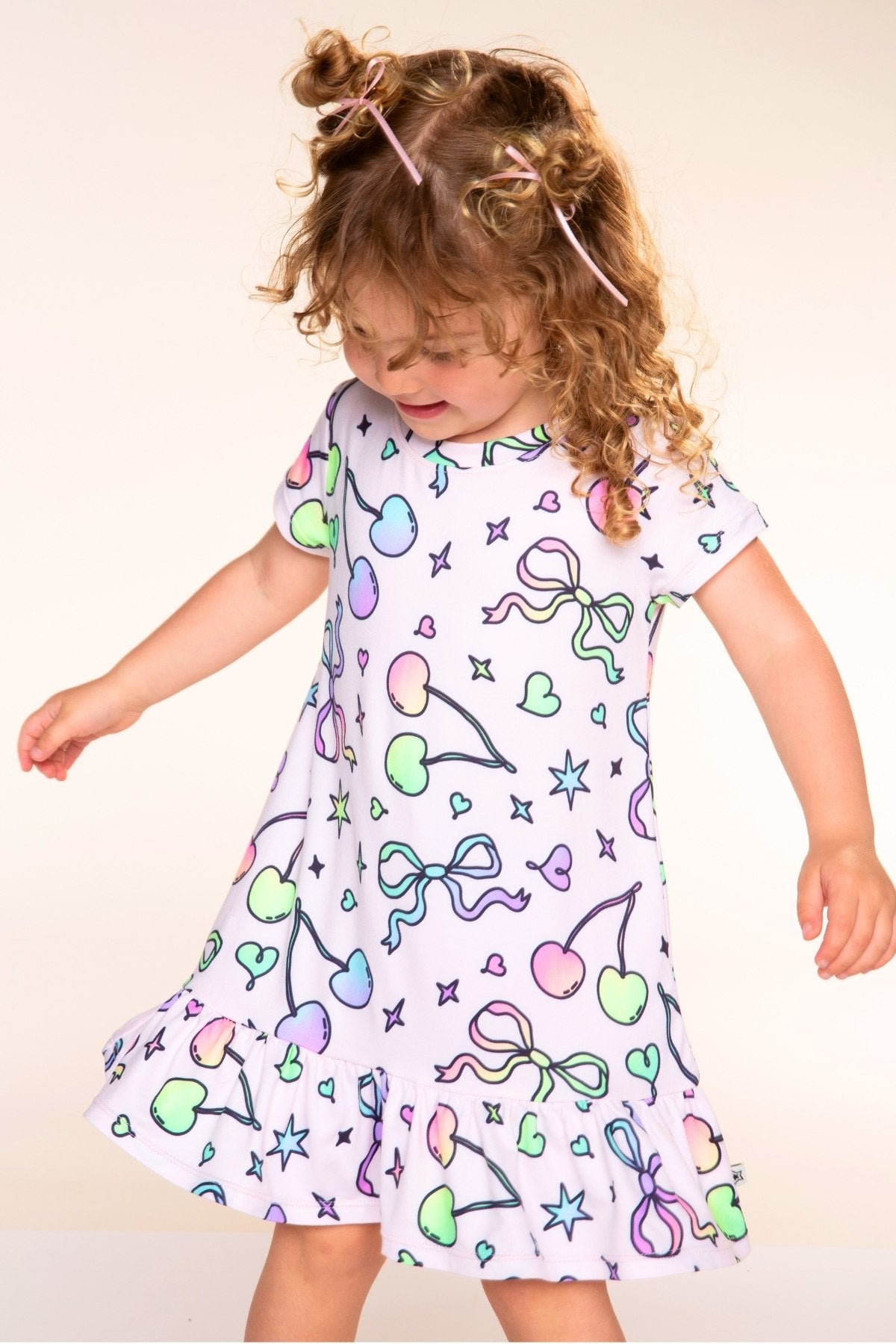 Simply Soft Short Sleeve Ruffle Lounge Dress - Pink Rainbow Bow Cherry - NEW