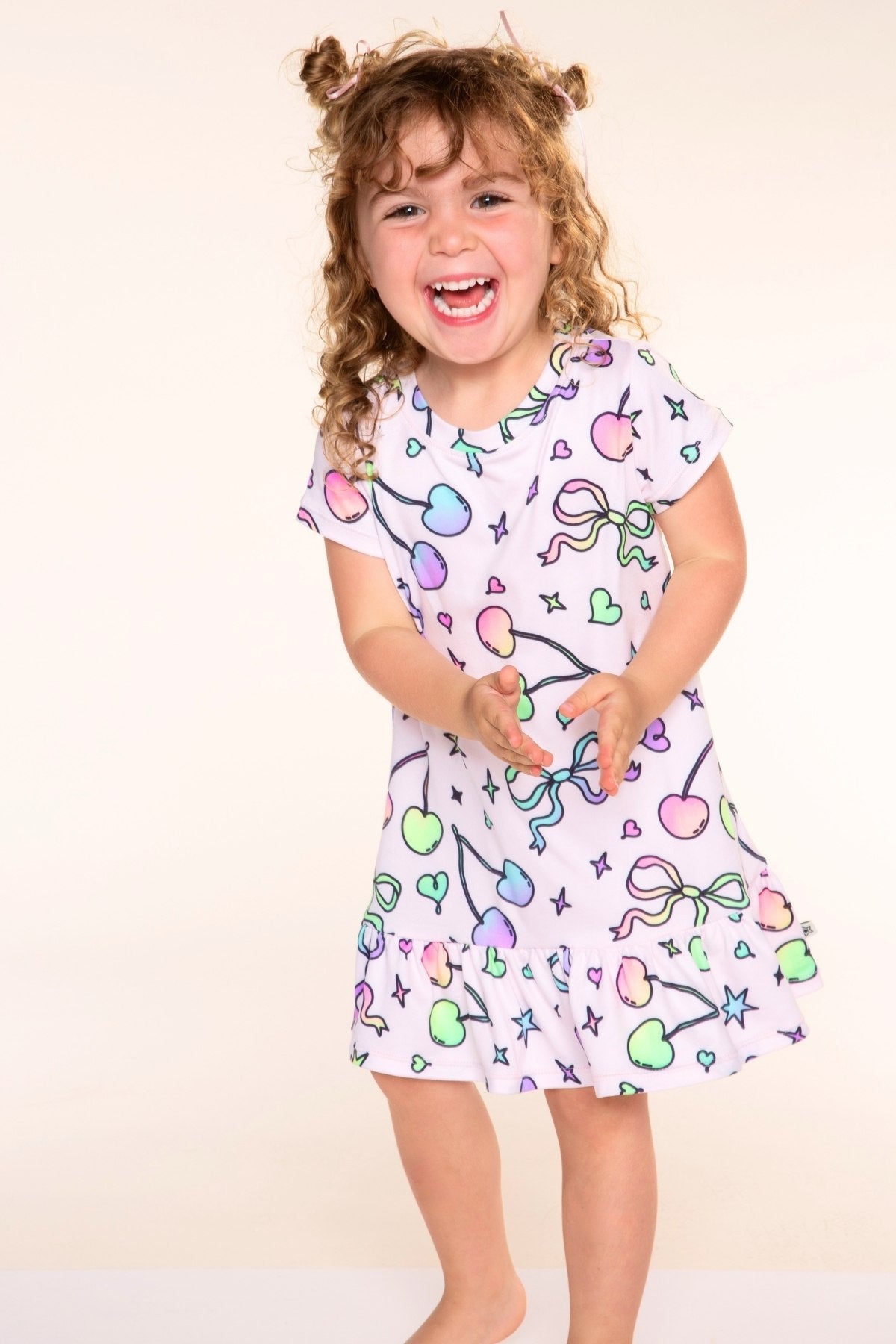 Simply Soft Short Sleeve Ruffle Lounge Dress - Pink Rainbow Bow Cherry - NEW