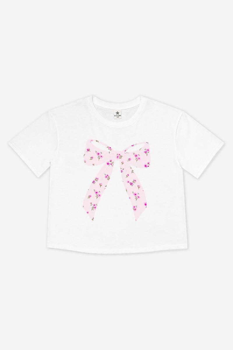 Washed Cotton Drop Shoulder Tee. - White Pink Floral Bow - NEW!