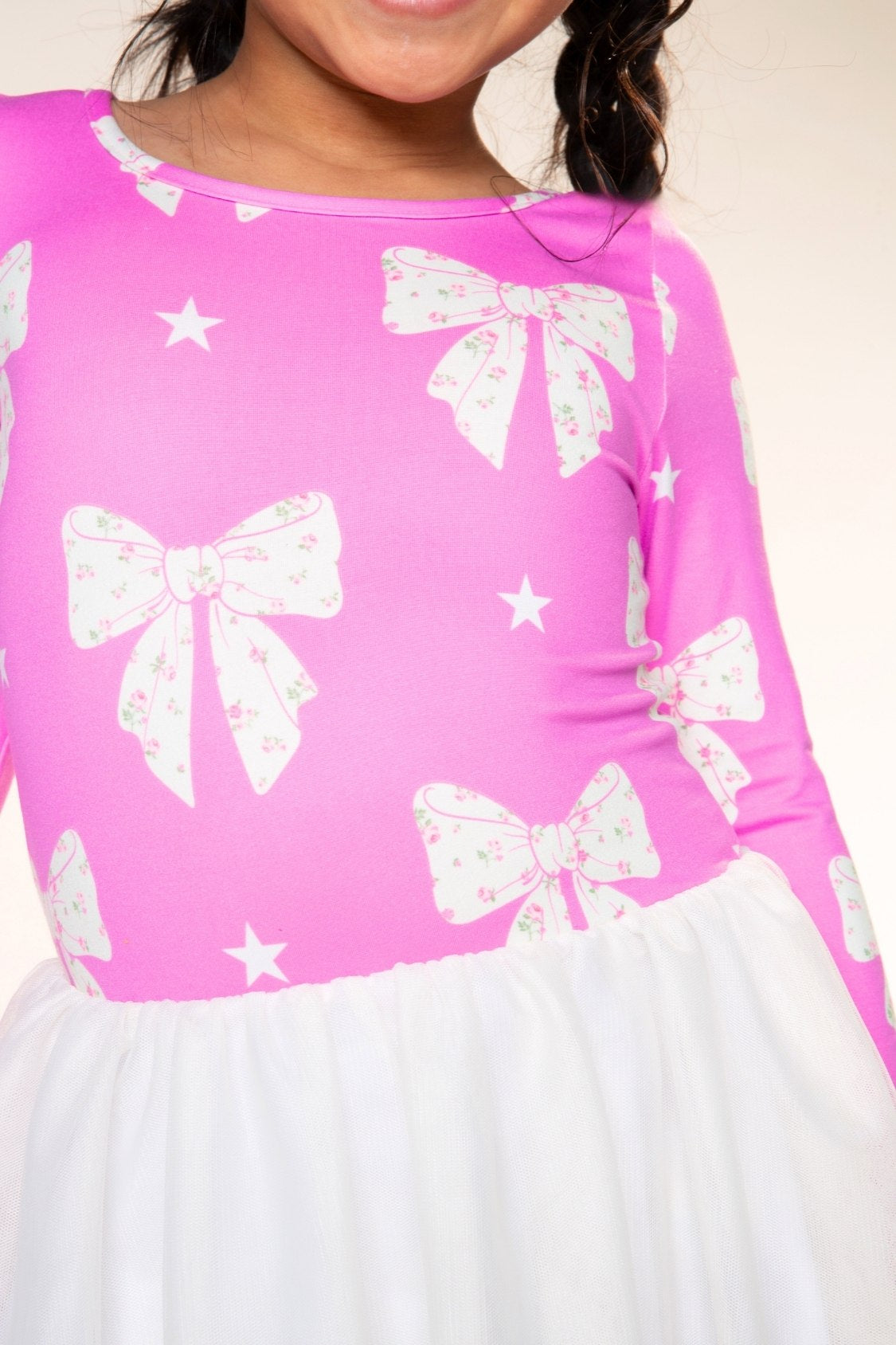 Simply Soft Long Sleeve Scoop Back Tulle Be Happy Dress - Pink Floral Bow Ivory - NEW!