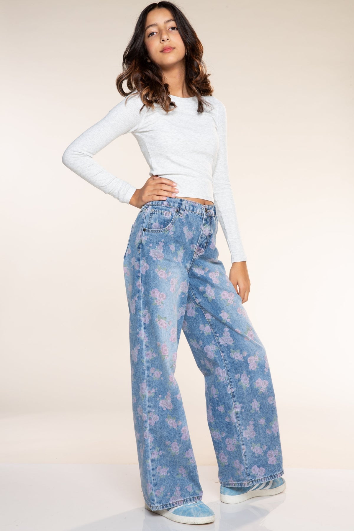 Relaxed Wide Leg Jeans - Medium Blue Wash Pink Floral - NEW!