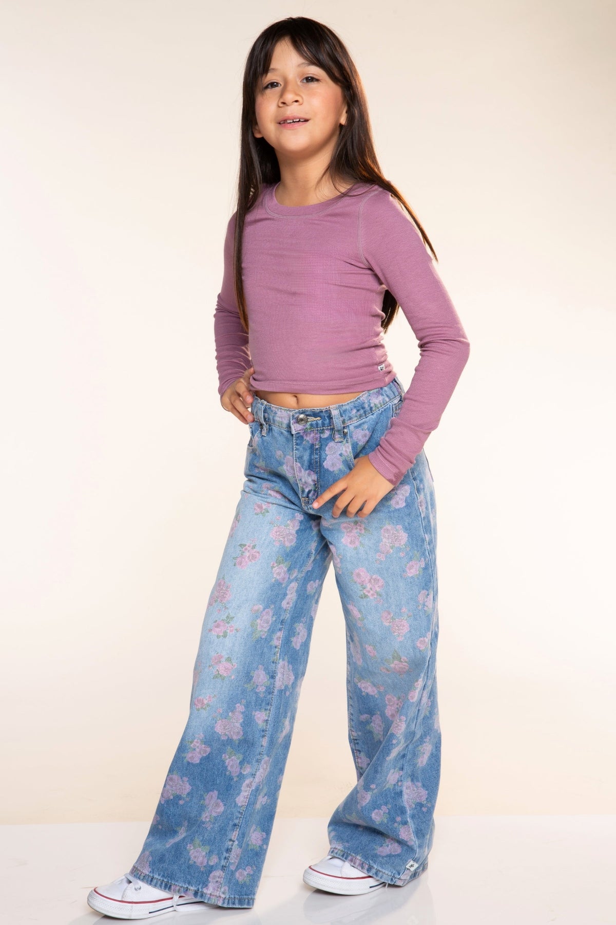 Relaxed Wide Leg Jeans - Medium Blue Wash Pink Floral - NEW!