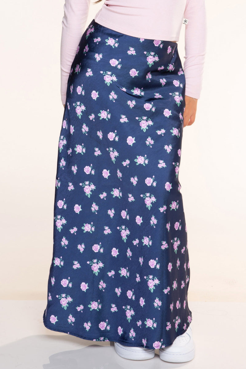 Washed Satin Maxi Skirt - Dusty Navy Pink Floral - NEW!