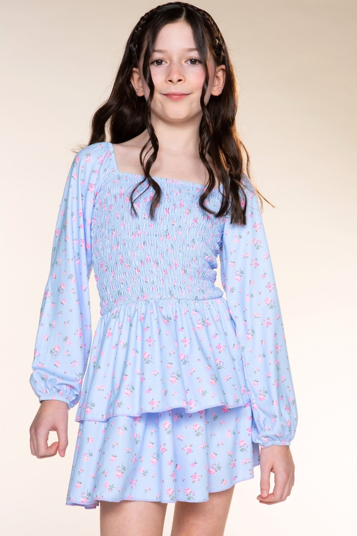 Simply Soft Long Sleeve Smocked Ruffle Skirt Dress - Light Blue Floral - NEW!