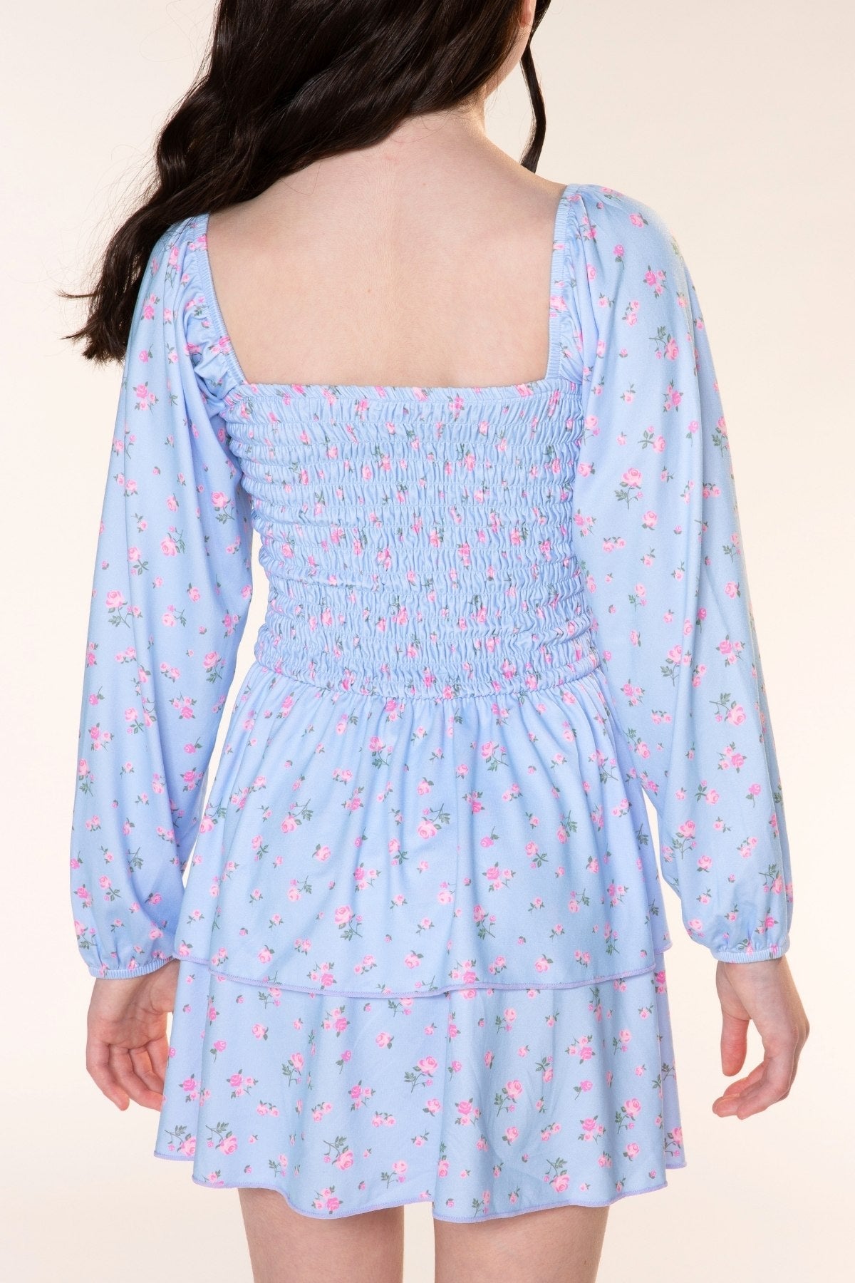 Simply Soft Long Sleeve Smocked Ruffle Skirt Dress - Light Blue Floral - NEW!