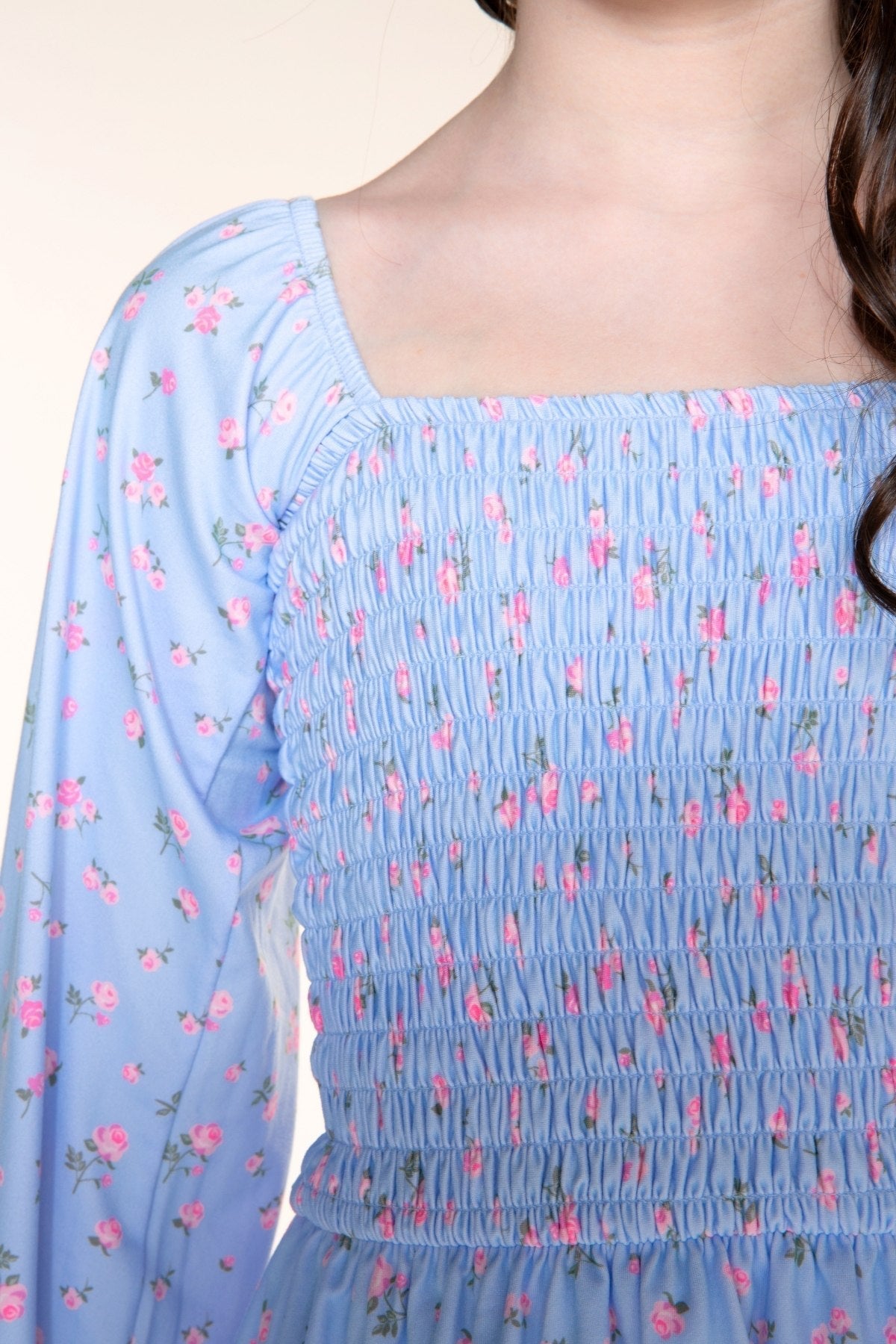 Simply Soft Long Sleeve Smocked Ruffle Skirt Dress - Light Blue Floral - NEW!