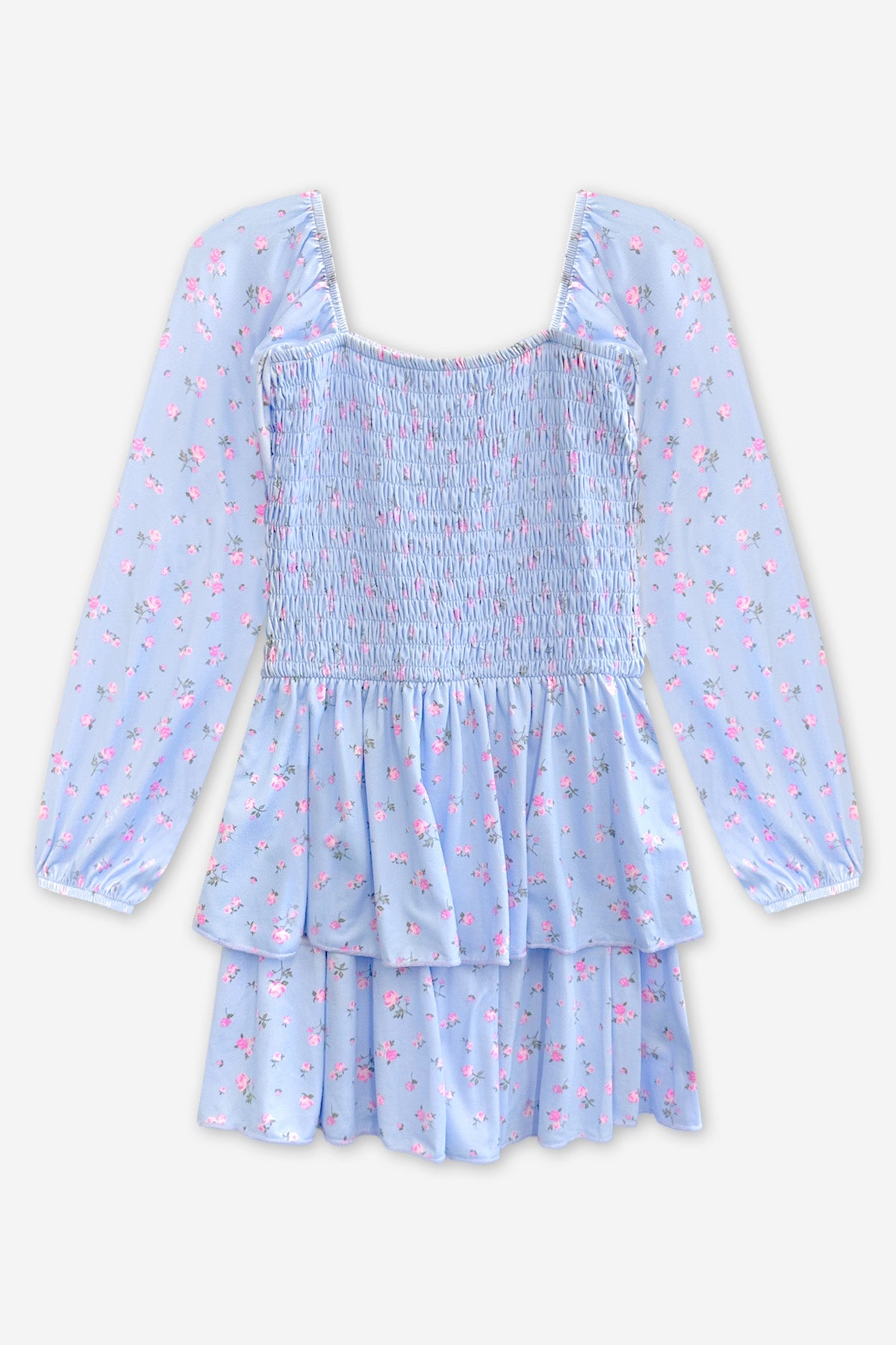Simply Soft Long Sleeve Smocked Ruffle Skirt Dress - Light Blue Floral - NEW!