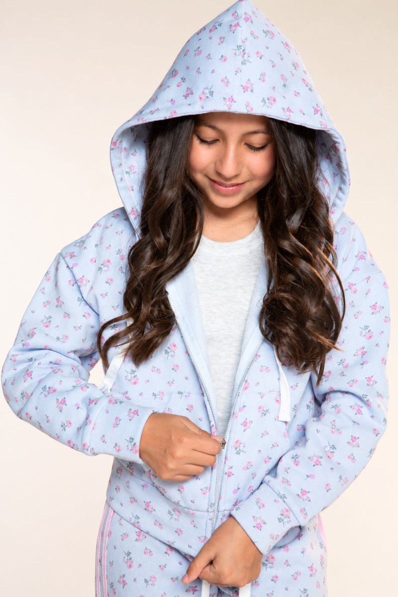 Cotton Soft French Terry Drop Shoulder Zip Hoodie - Light Blue Floral - NEW!