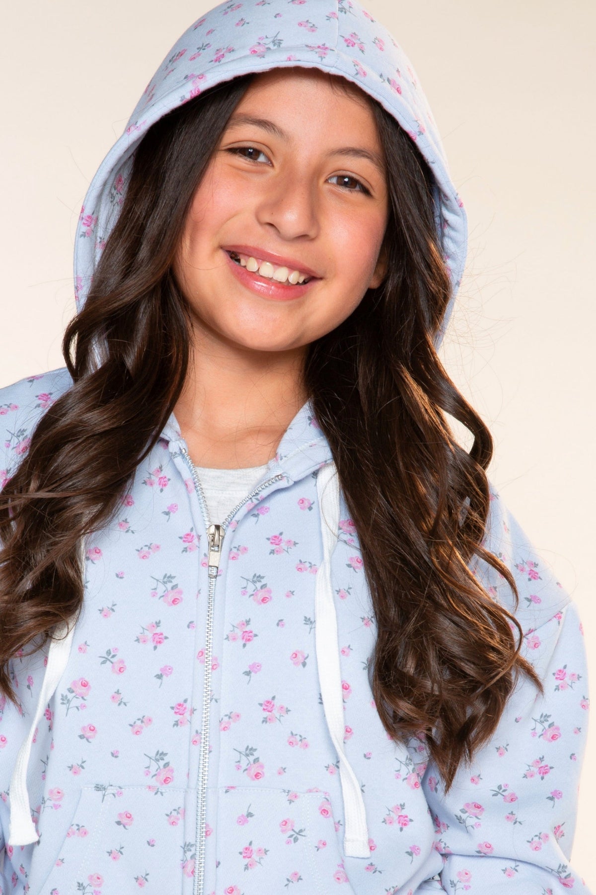 Cotton Soft French Terry Drop Shoulder Zip Hoodie - Light Blue Floral - NEW!