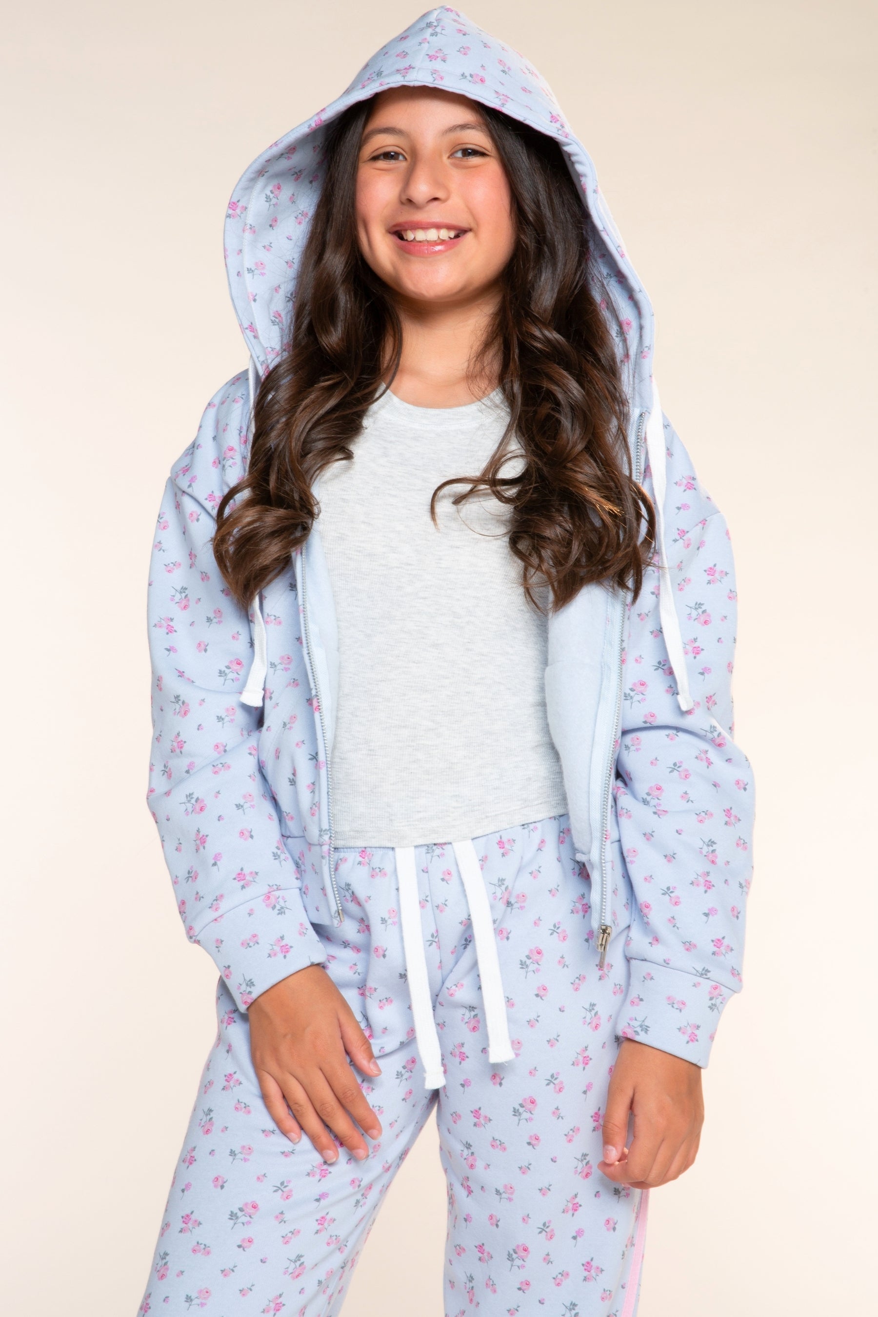 Cotton Soft French Terry Drop Shoulder Zip Hoodie - Light Blue Floral - NEW!