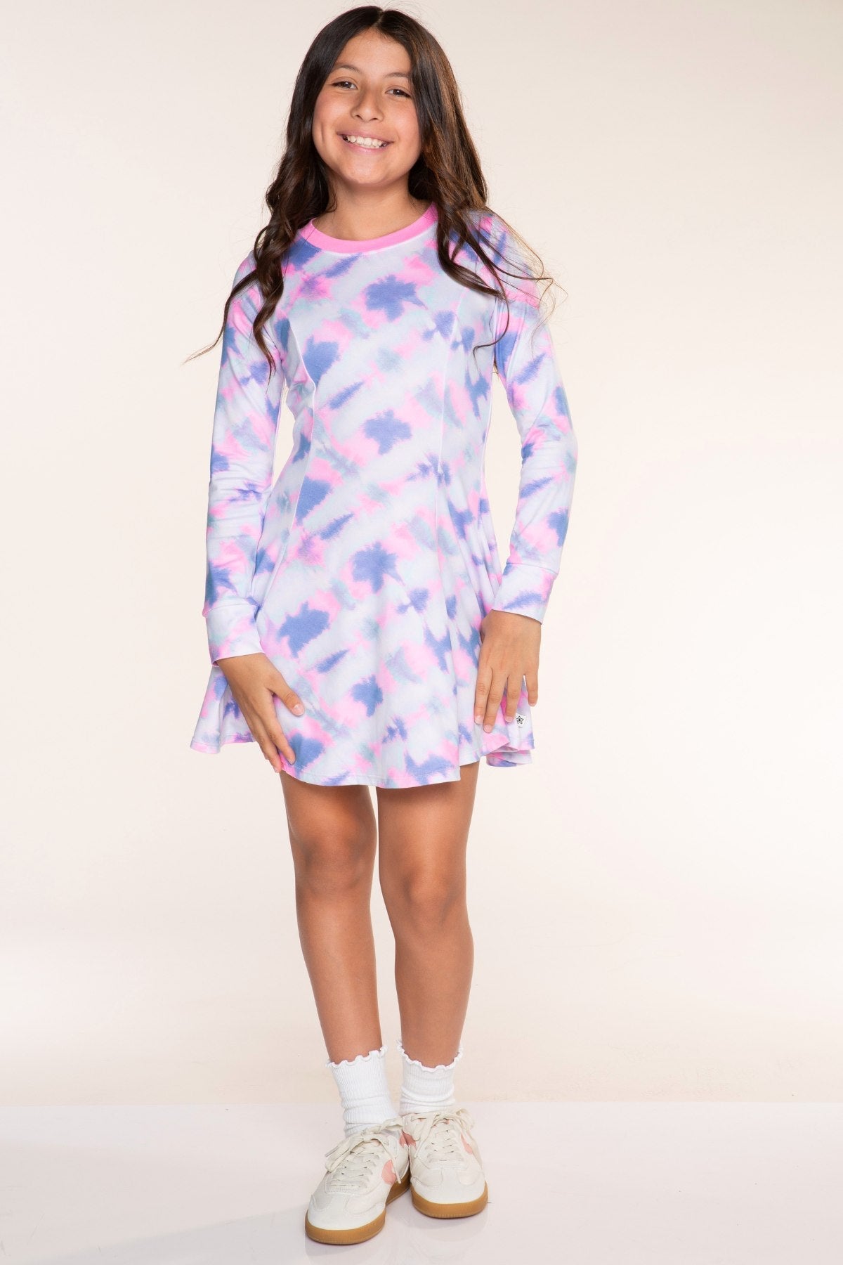 Simply Soft Long Sleeve Twirl Dress - Ice Blue Pink Denim Tie Dye - NEW!