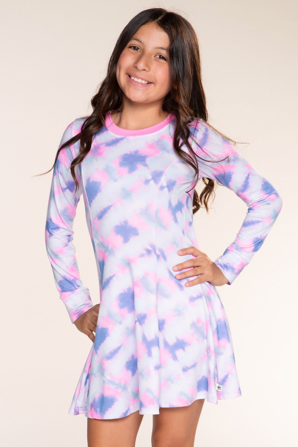 Simply Soft Long Sleeve Twirl Dress - Ice Blue Pink Denim Tie Dye - NEW!