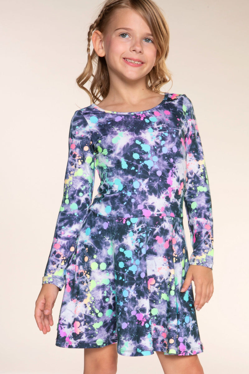 Simply Soft Long Sleeve Skater Dress - Black Tie Dye Rainbow Splatter - NEW!