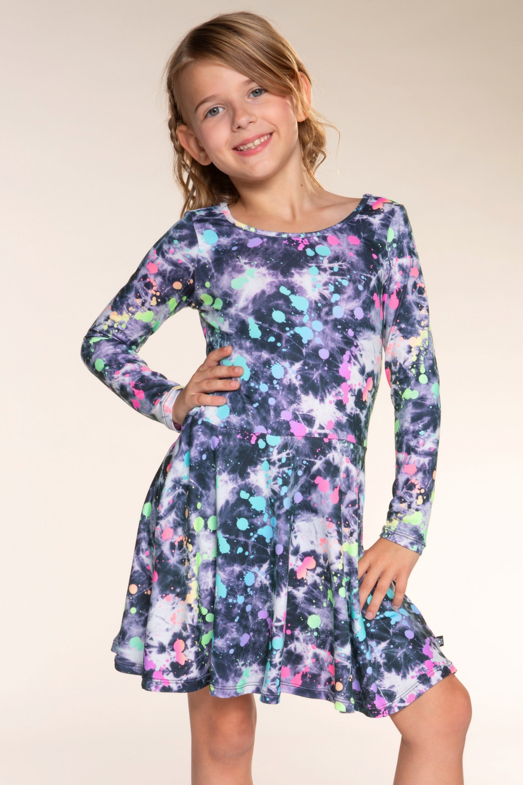 Simply Soft Long Sleeve Skater Dress - Black Tie Dye Rainbow Splatter - NEW!