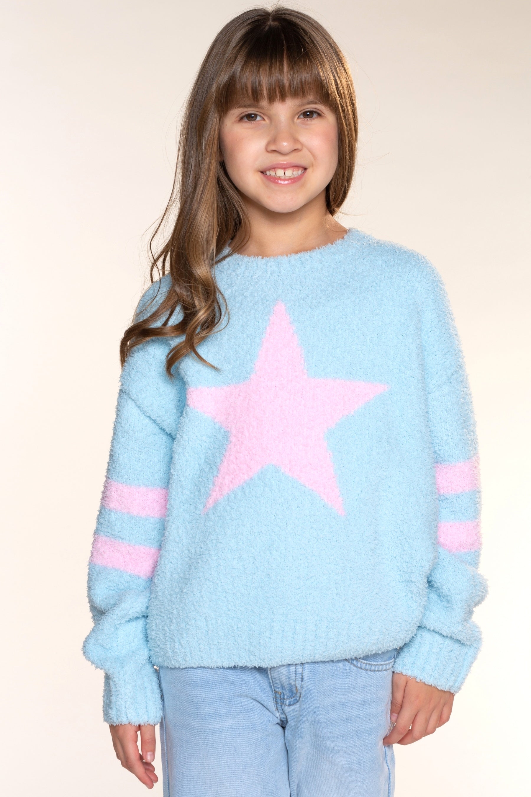 Cloud Plush Crew Neck Sweater - Dusty Blue Pink Star - NEW!