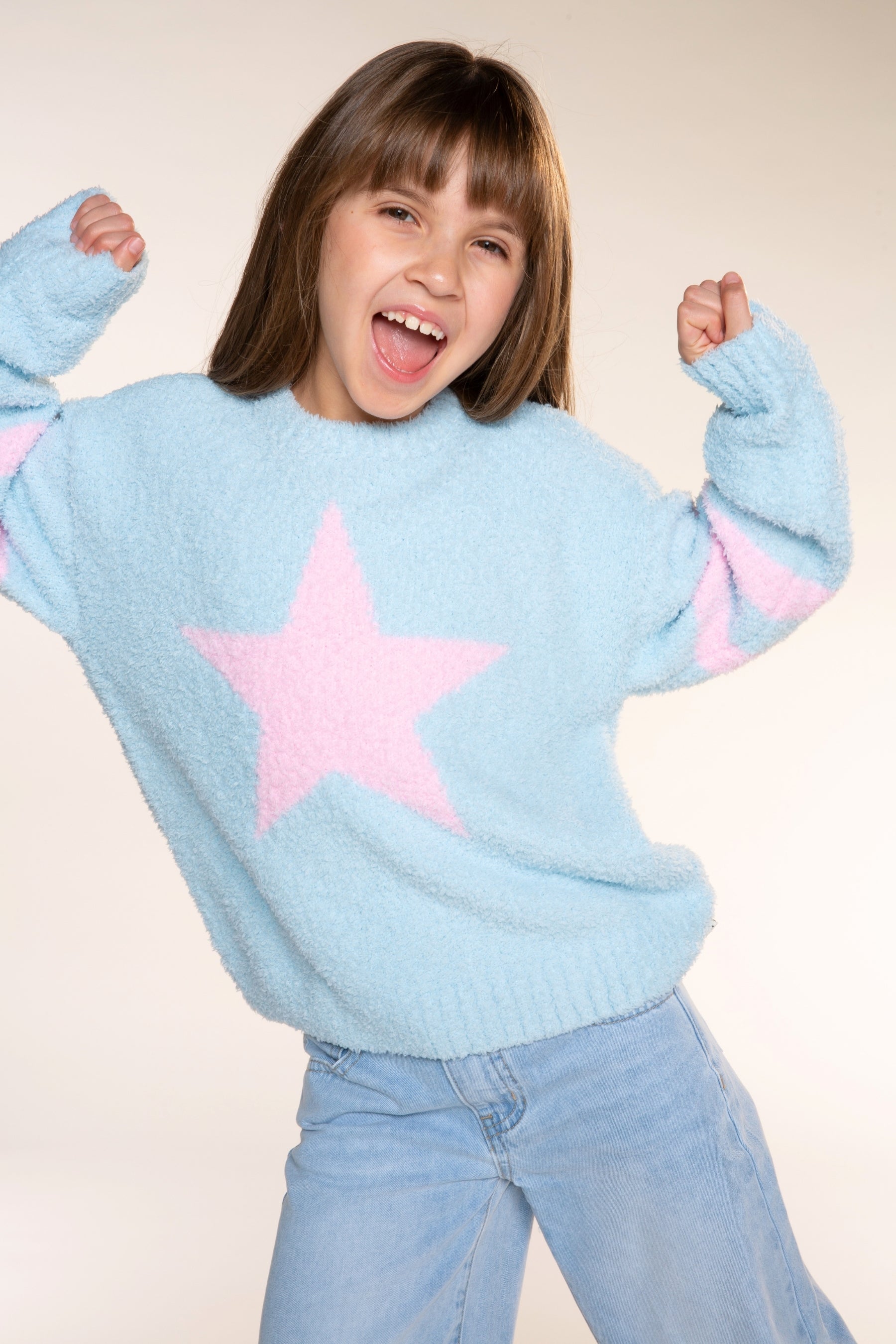 Cloud Plush Crew Neck Sweater - Dusty Blue Pink Star - NEW!