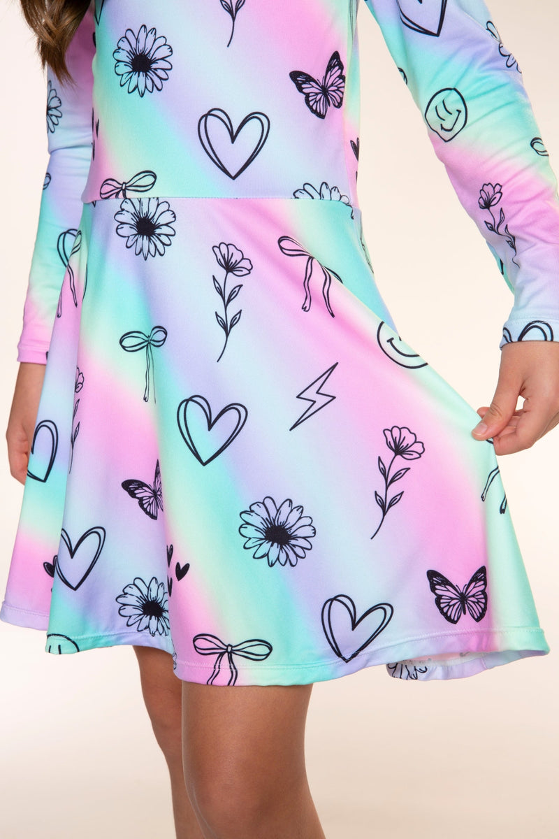 Simply Soft Long Sleeve Skater Dress - Pastel Rainbow Sketch Emoji - NEW!