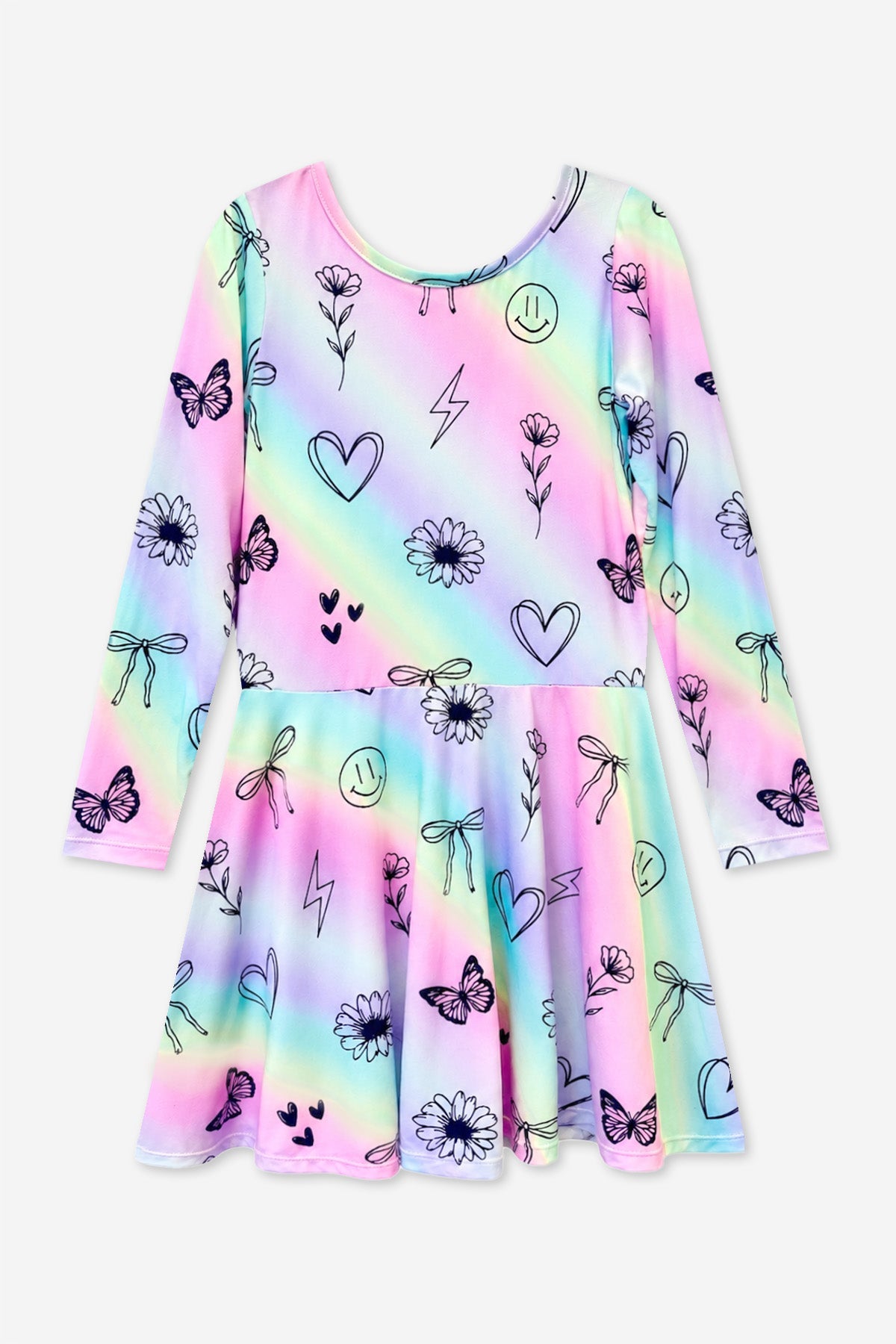 Simply Soft Long Sleeve Skater Dress - Pastel Rainbow Sketch Emoji - NEW!