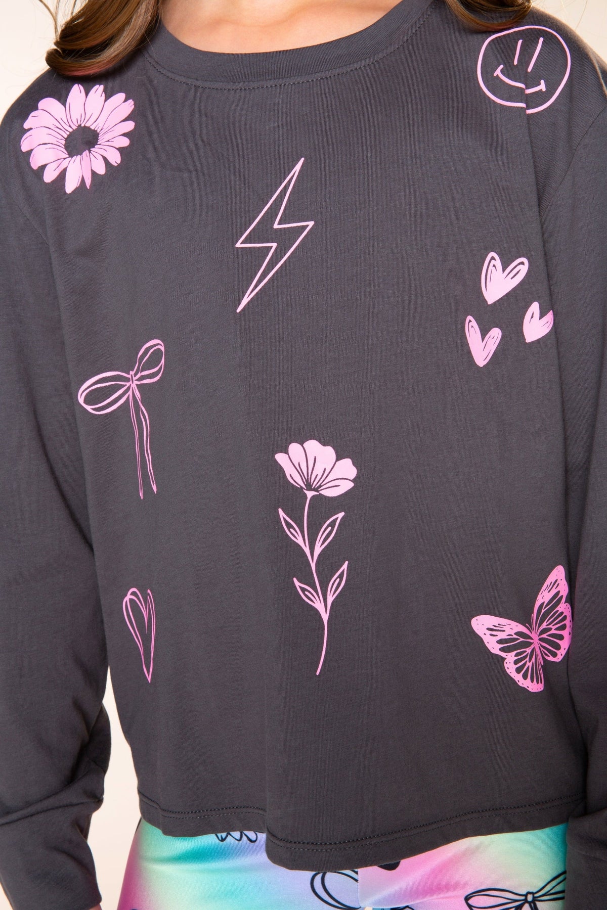 Washed Cotton Long Sleeve Easy Tee - Charcoal Pink Sketch Emojis - NEW!