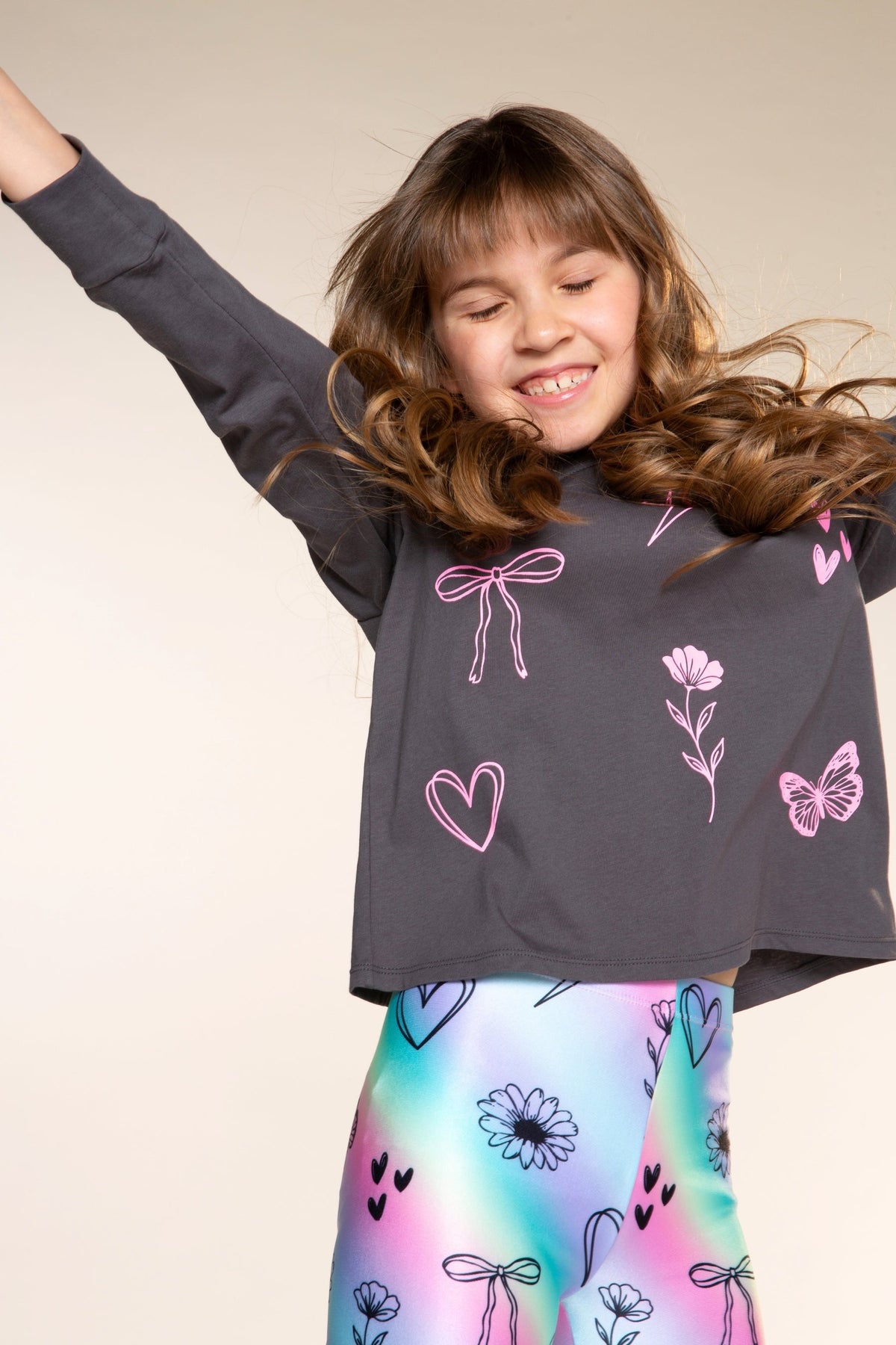 Washed Cotton Long Sleeve Easy Tee - Charcoal Pink Sketch Emojis - NEW!
