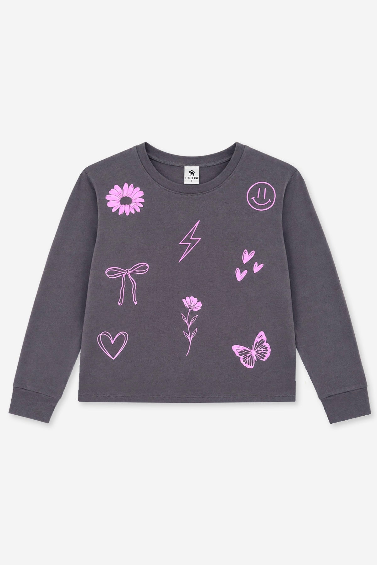 3 Pack Washed Cotton Long Sleeve Easy Tee - Cloud Denim Floral | Mauve Ivory Bow | Charcoal Pink Sketch Emojis - NEW!