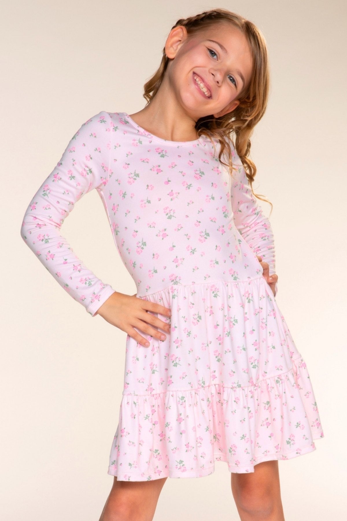 Simply Soft Long Sleeve Tiered Dress - Pink Ditsy Floral - NEW!