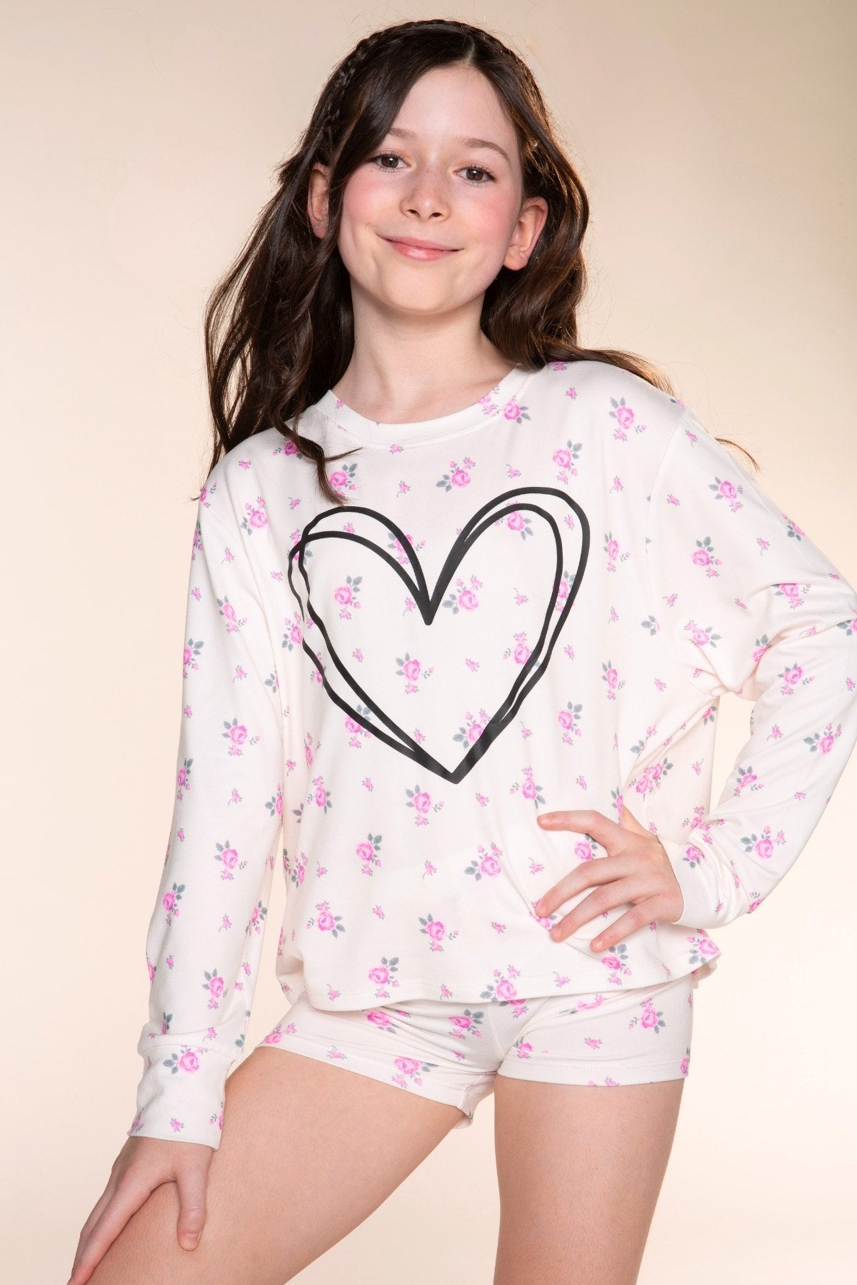 Simply Soft Long Sleeve Easy Tee & Tumble Short Lounge Set - Ivory Pink Floral Heart - NEW!