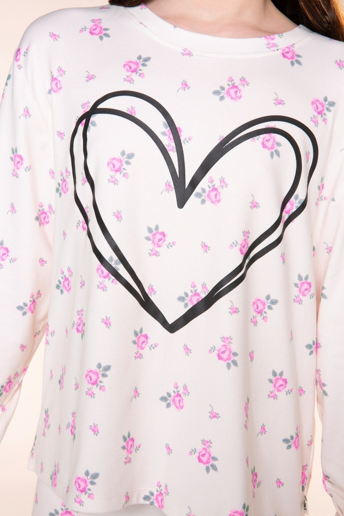 Simply Soft Long Sleeve Easy Tee & Tumble Short Lounge Set - Ivory Pink Floral Heart - NEW!