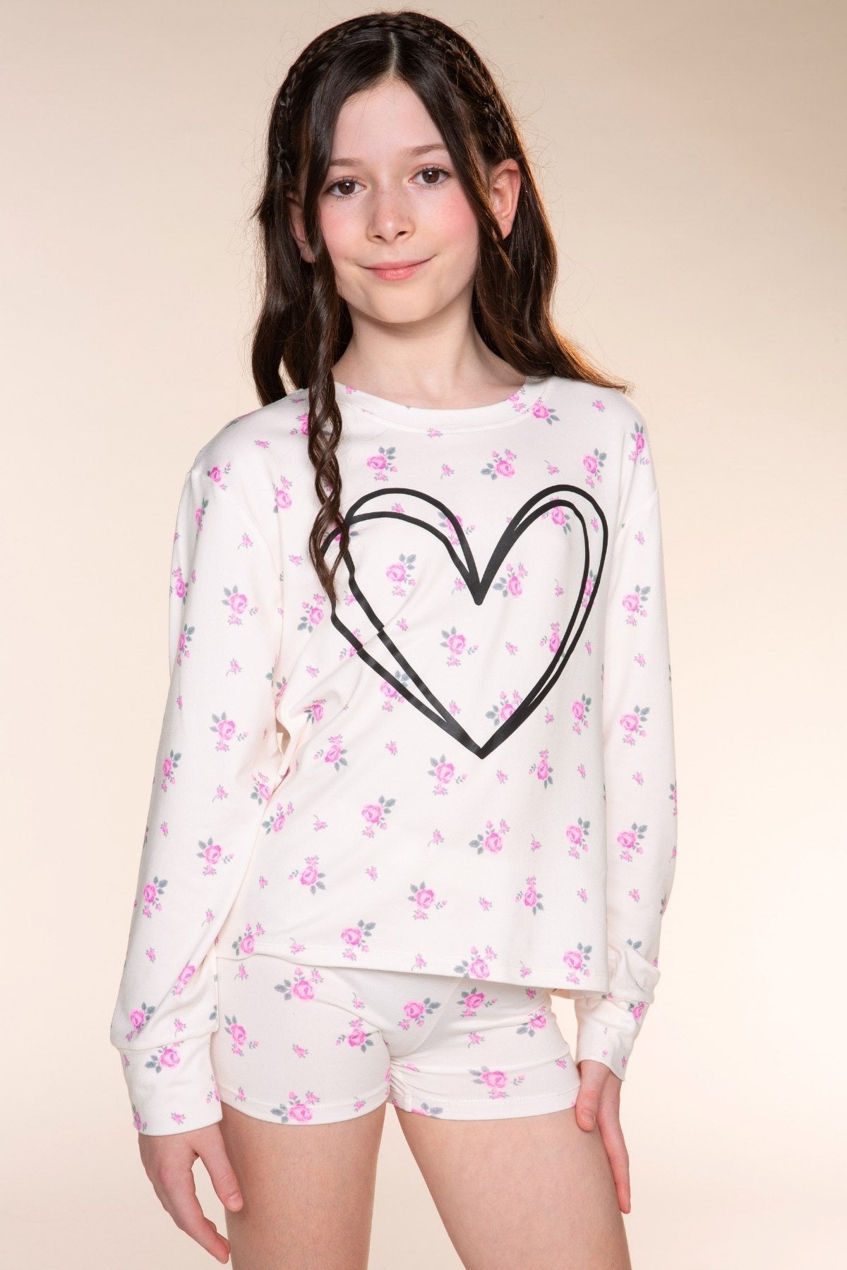 Simply Soft Long Sleeve Easy Tee & Tumble Short Lounge Set - Ivory Pink Floral Heart - NEW!