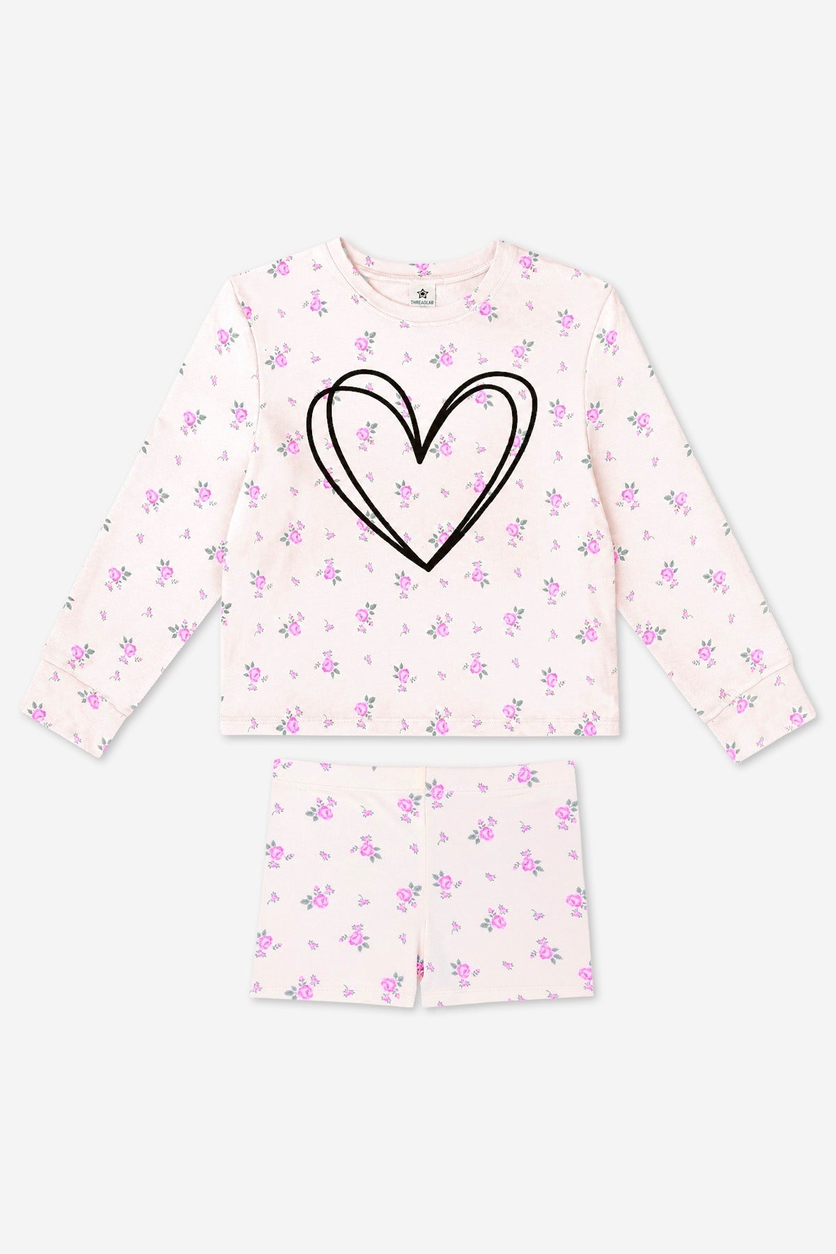 Simply Soft Long Sleeve Easy Tee & Tumble Short Lounge Set - Ivory Pink Floral Heart - NEW!