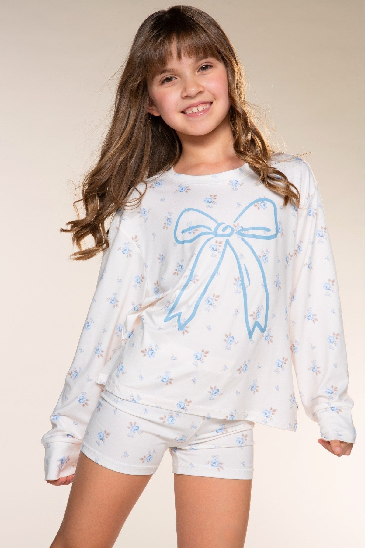 Simply Soft Long Sleeve Easy Tee & Tumble Short Lounge Set - Ivory Pink Floral Heart - NEW!