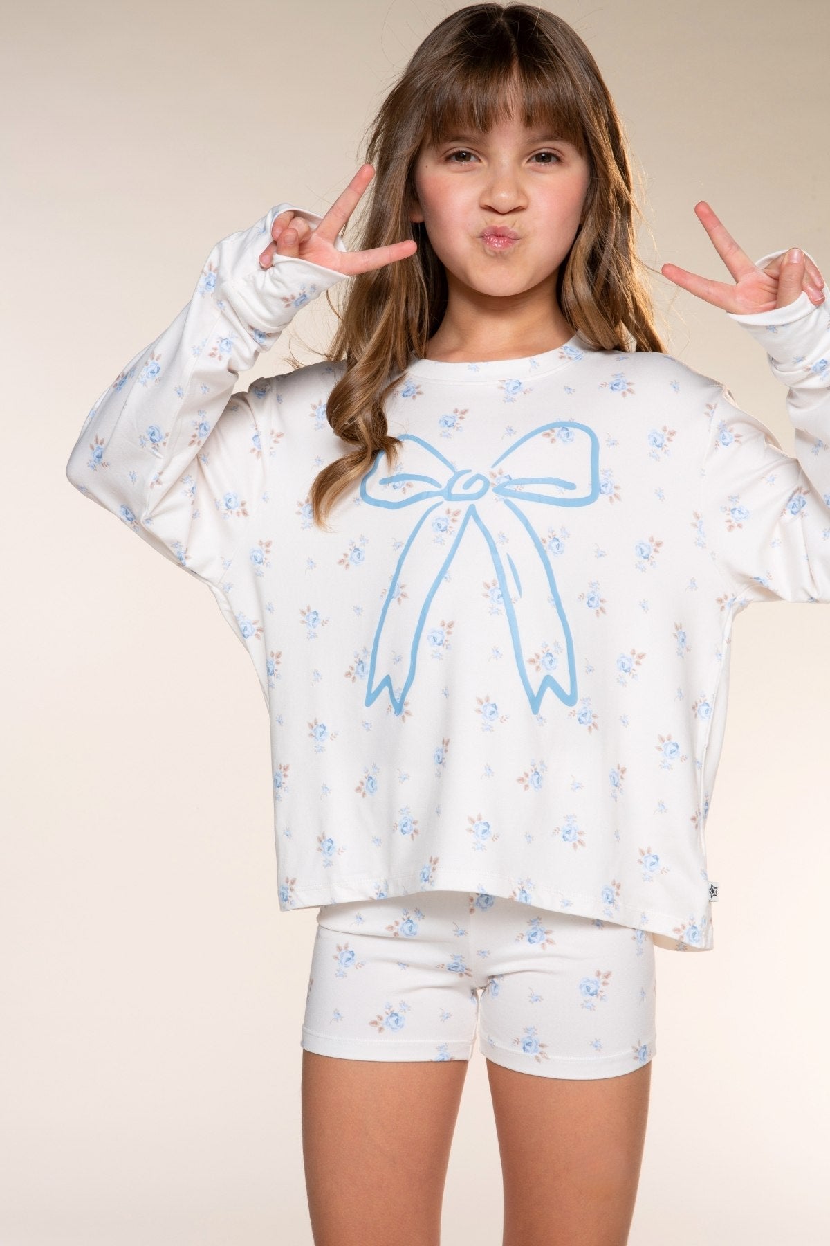 Simply Soft Long Sleeve Easy Tee & Tumble Short Lounge Set - Ivory Pink Floral Heart - NEW!