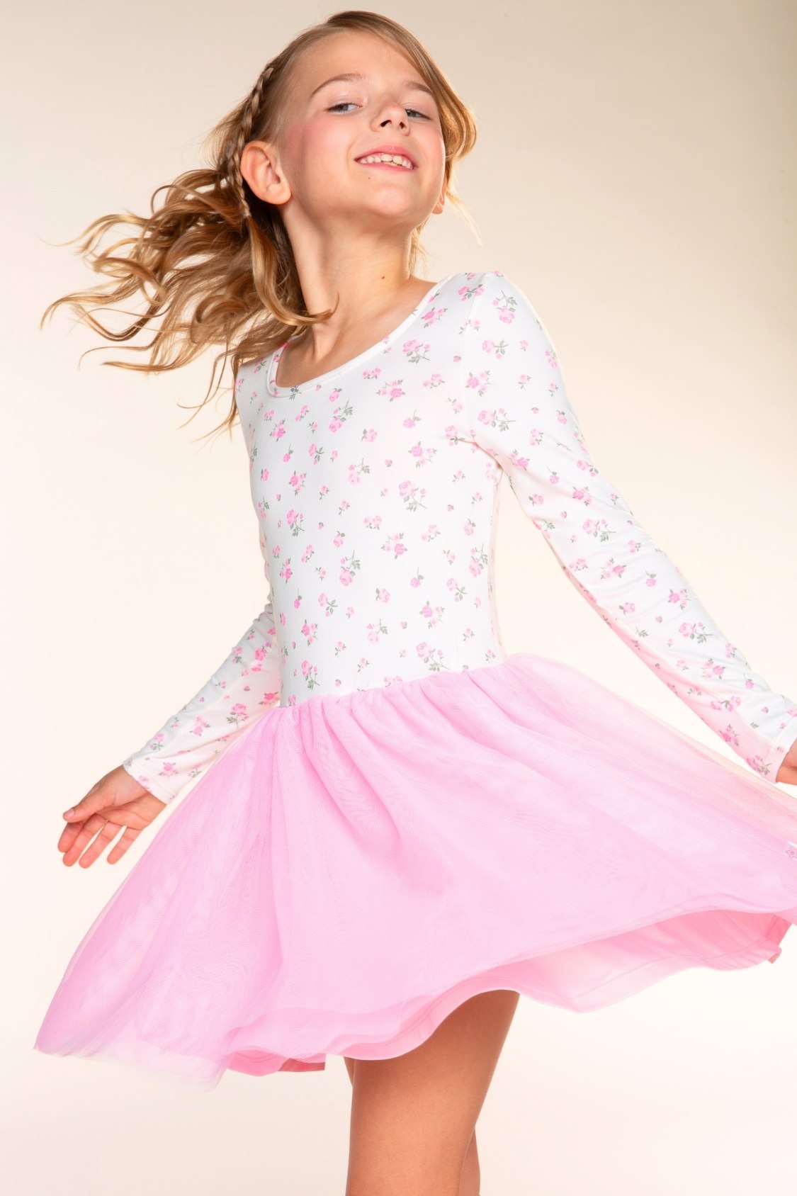 Simply Soft Long Sleeve Scoop Back Tulle Be Happy Dress - Pink Floral Bow Ivory - NEW!