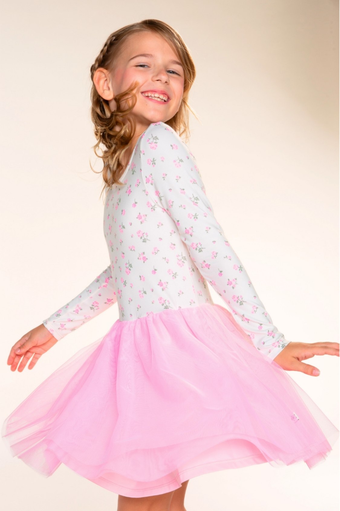 Simply Soft Long Sleeve Scoop Back Tulle Be Happy Dress - Pink Floral Bow Ivory - NEW!