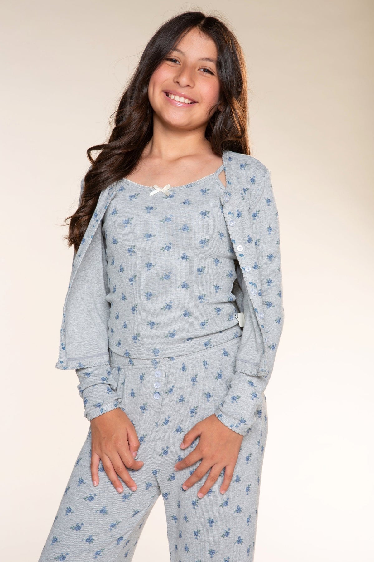 Ultra-Soft Rib Long Sleeve Cardigan - Heather Grey Blue Floral - NEW!