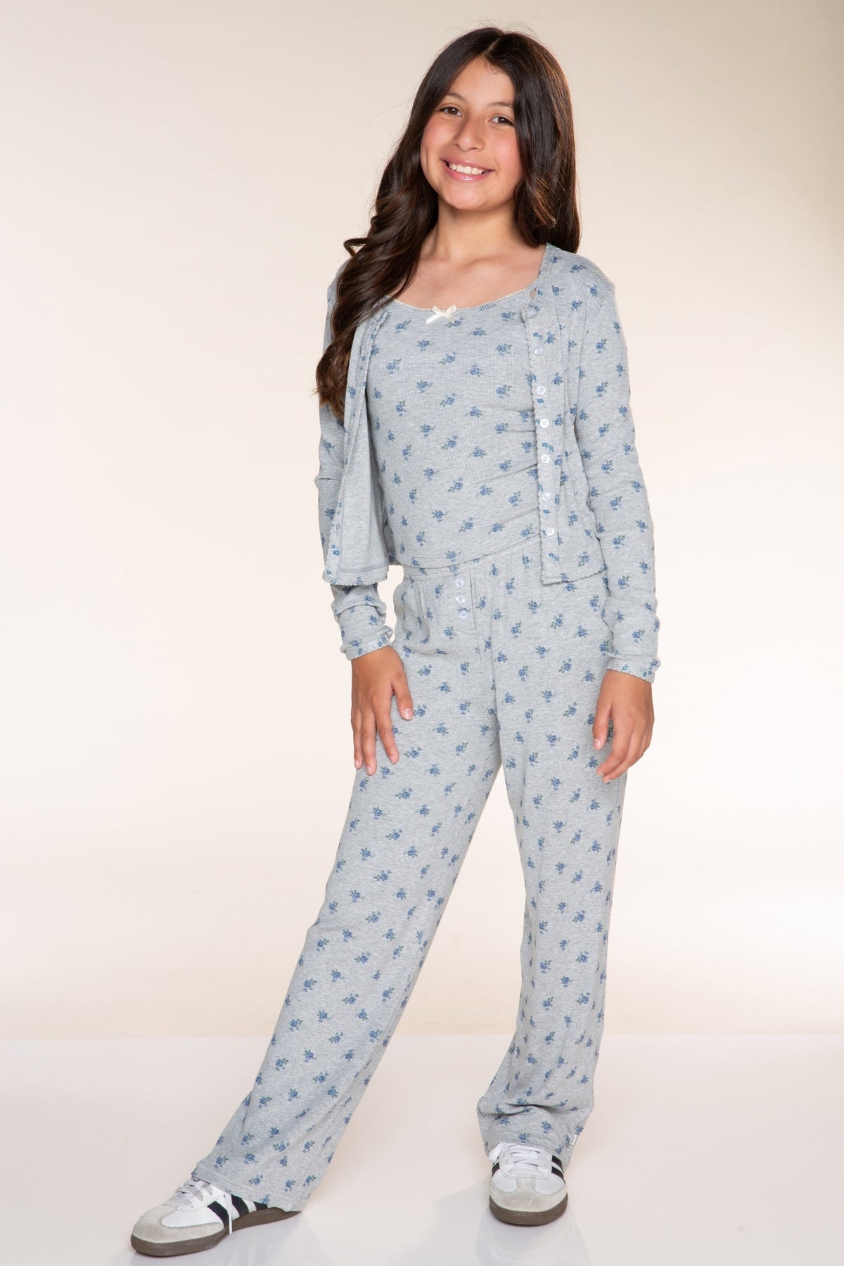 Ultra-Soft Rib Long Sleeve Cardigan - Heather Grey Blue Floral - NEW!