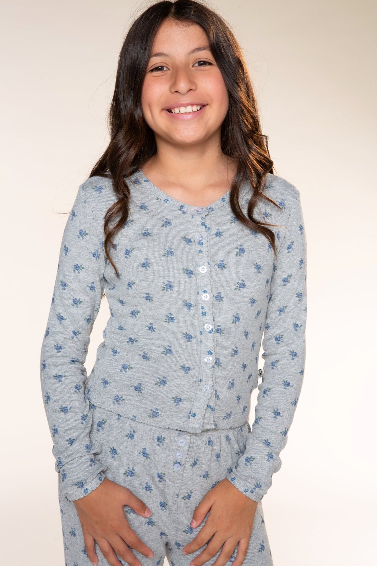 Ultra-Soft Rib Long Sleeve Cardigan - Heather Grey Blue Floral - NEW!