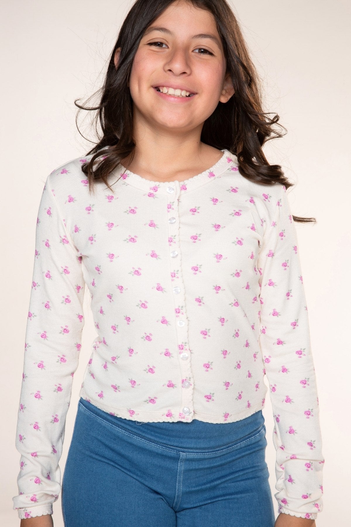 Ultra-Soft Rib Long Sleeve Cardigan - Heather Grey Blue Floral - NEW!