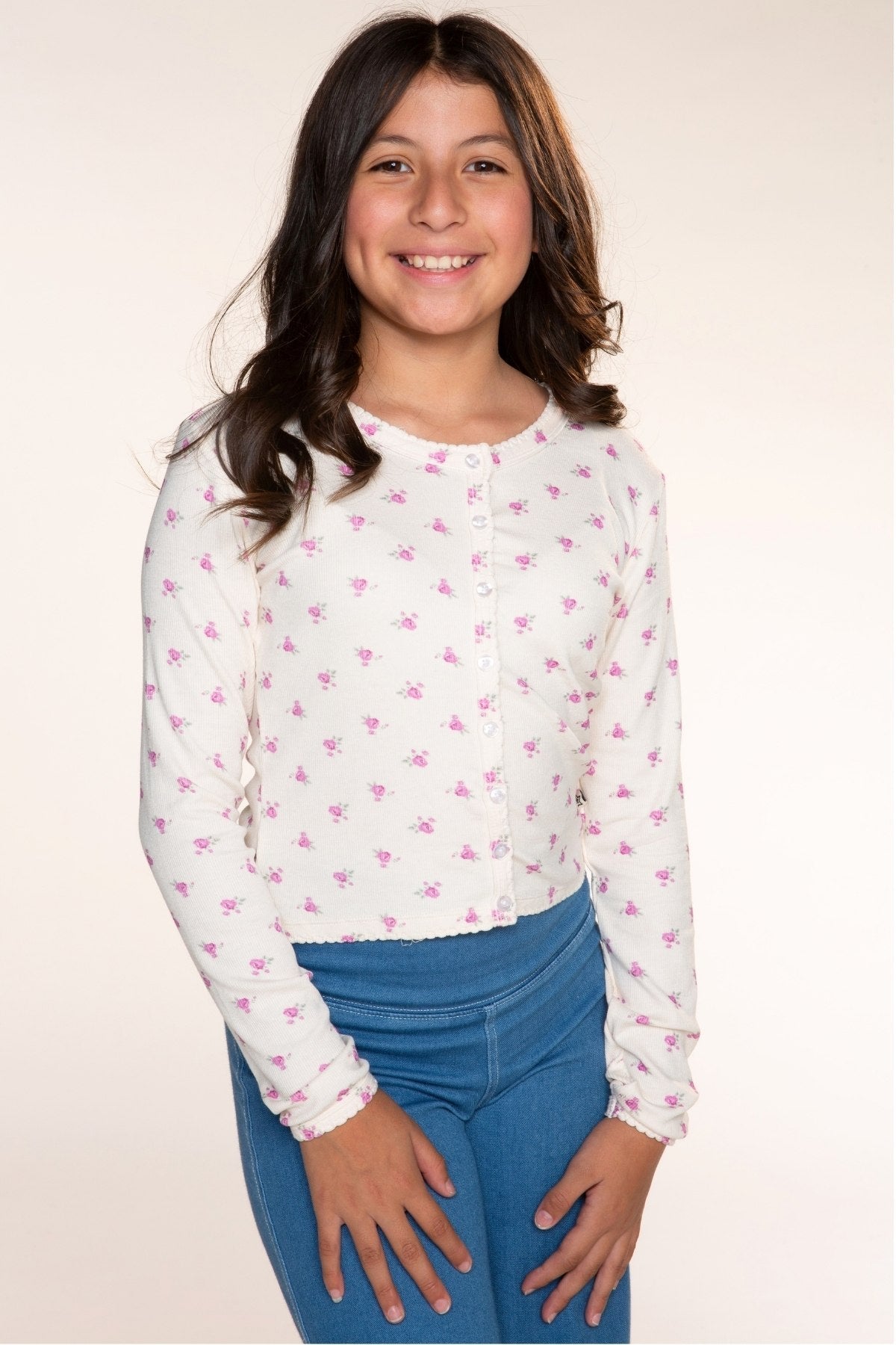 Ultra-Soft Rib Long Sleeve Cardigan - Heather Grey Blue Floral - NEW!