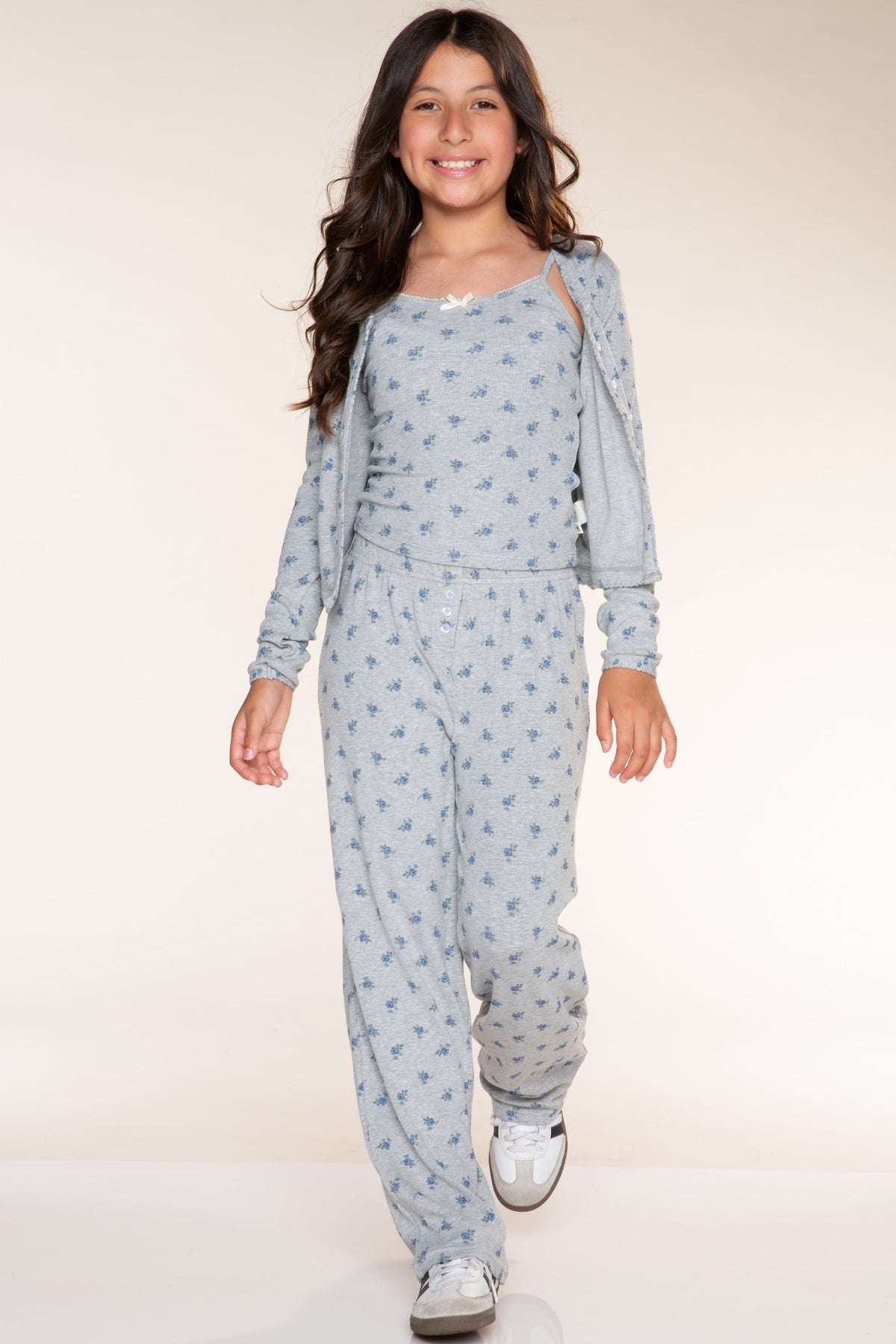 Ultra-Soft Rib Wide Leg Pant - Heather Grey Blue Floral - NEW!