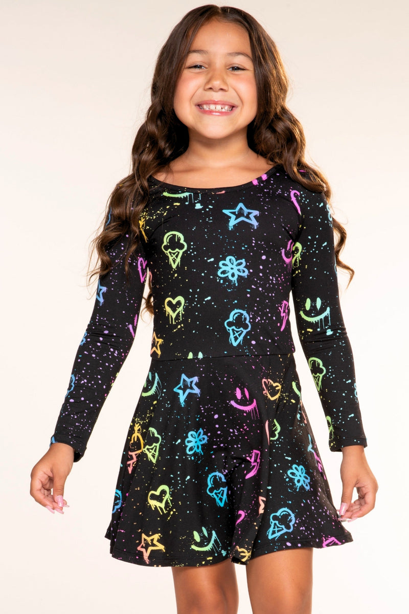 Simply Soft Long Sleeve Skater Dress - Black Graffiti Rainbow - NEW!