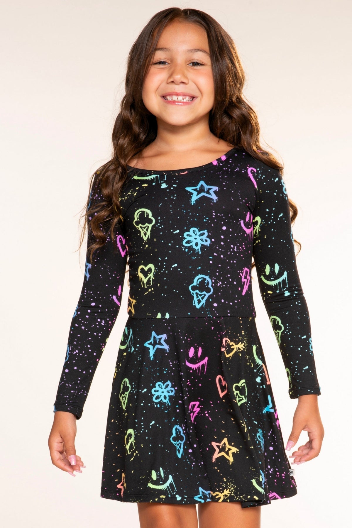 Simply Soft Long Sleeve Skater Dress - Black Graffiti Rainbow - NEW!