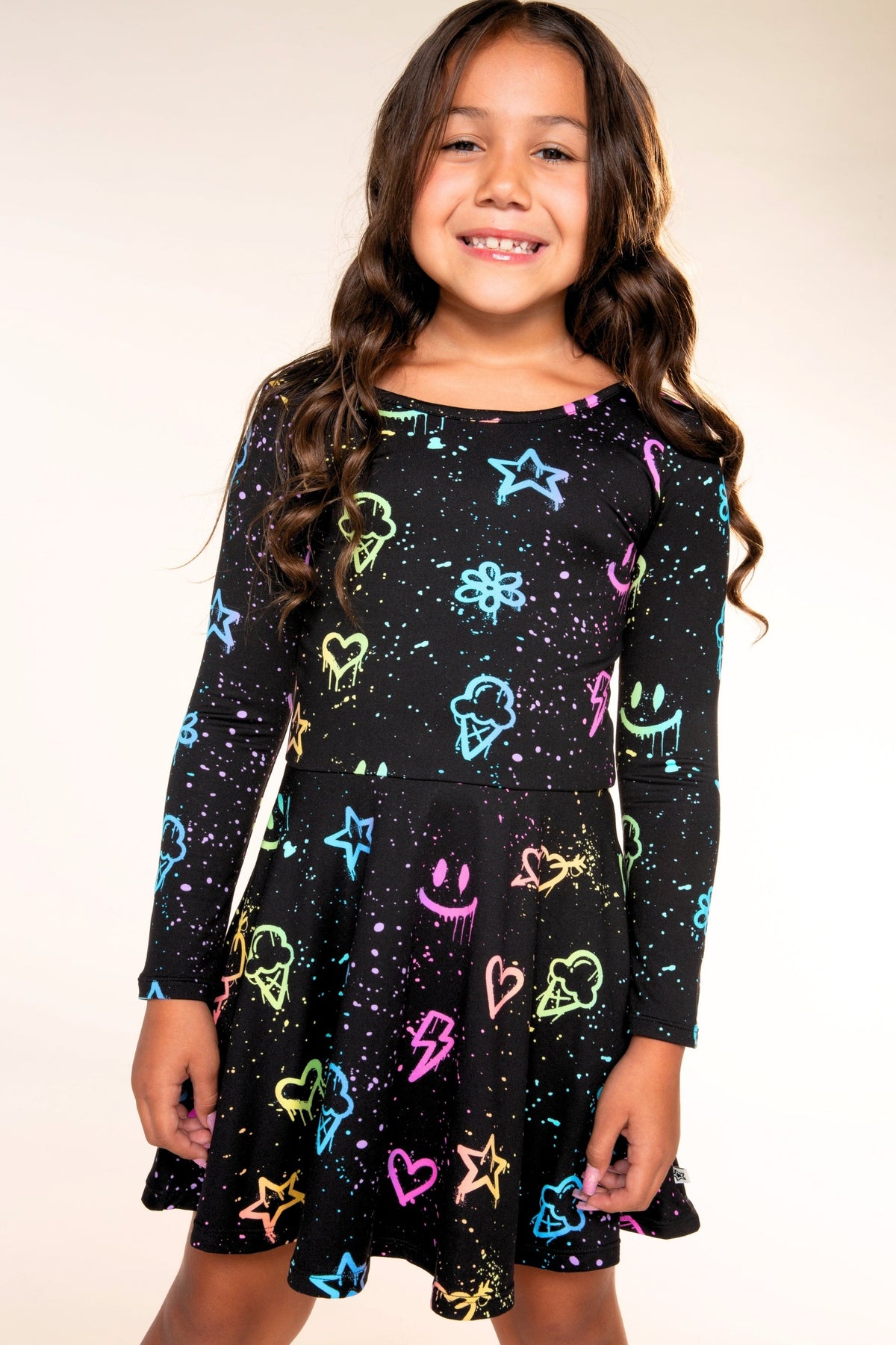 Simply Soft Long Sleeve Skater Dress - Black Graffiti Rainbow - NEW!