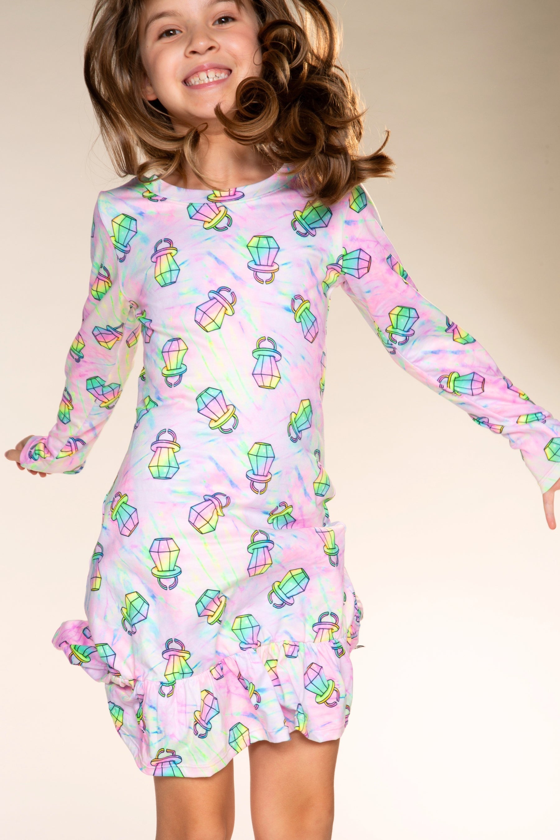 Simply Soft Long Sleeve Ruffle Lounge Dress - Ivory Cherries & Bears