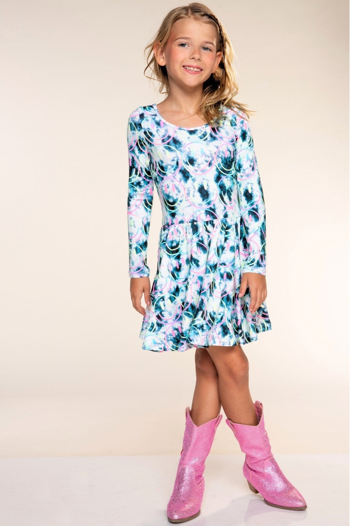 Simply Soft Long Sleeve Scoop Back Be Happy Dress - Black Ivory Tie Dye Rainbow Smile - NEW!