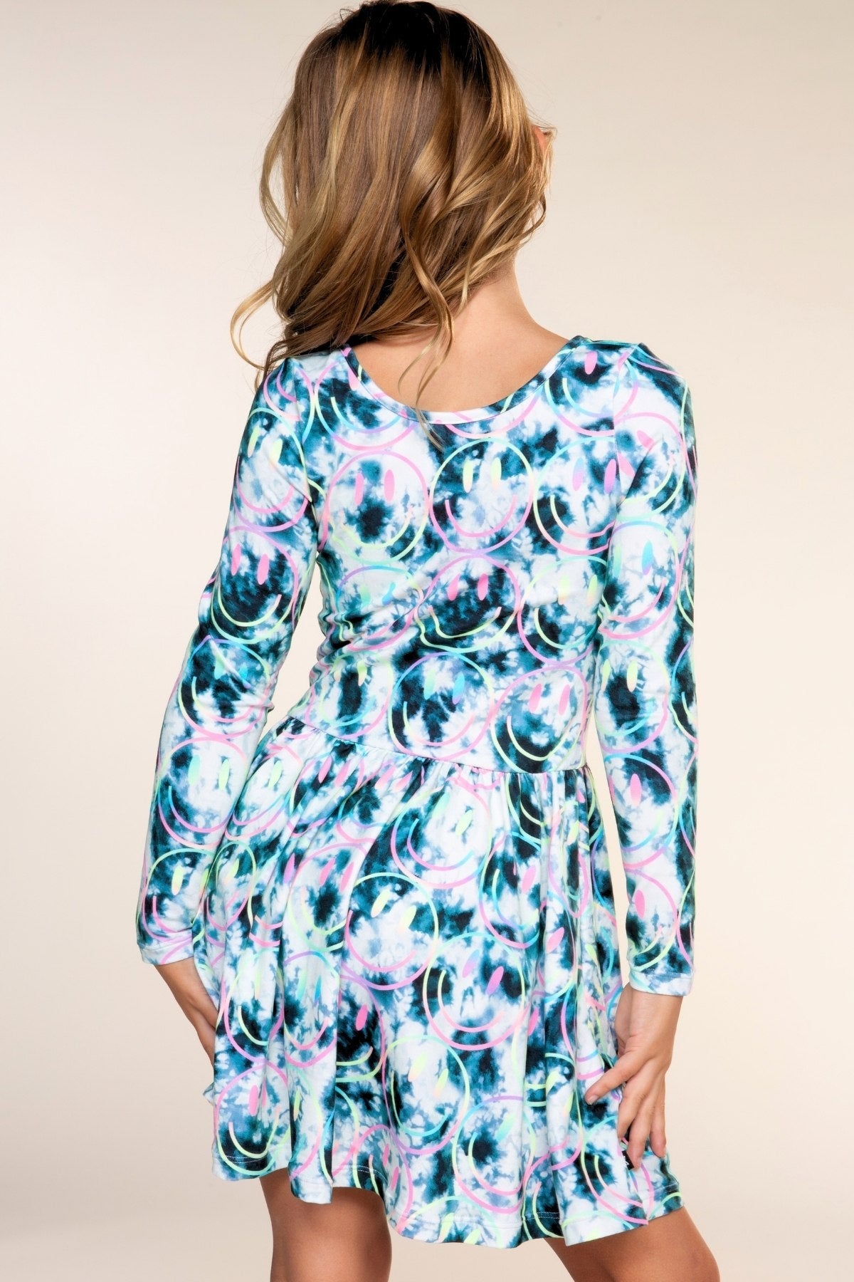 Simply Soft Long Sleeve Scoop Back Be Happy Dress - Black Ivory Tie Dye Rainbow Smile - NEW!