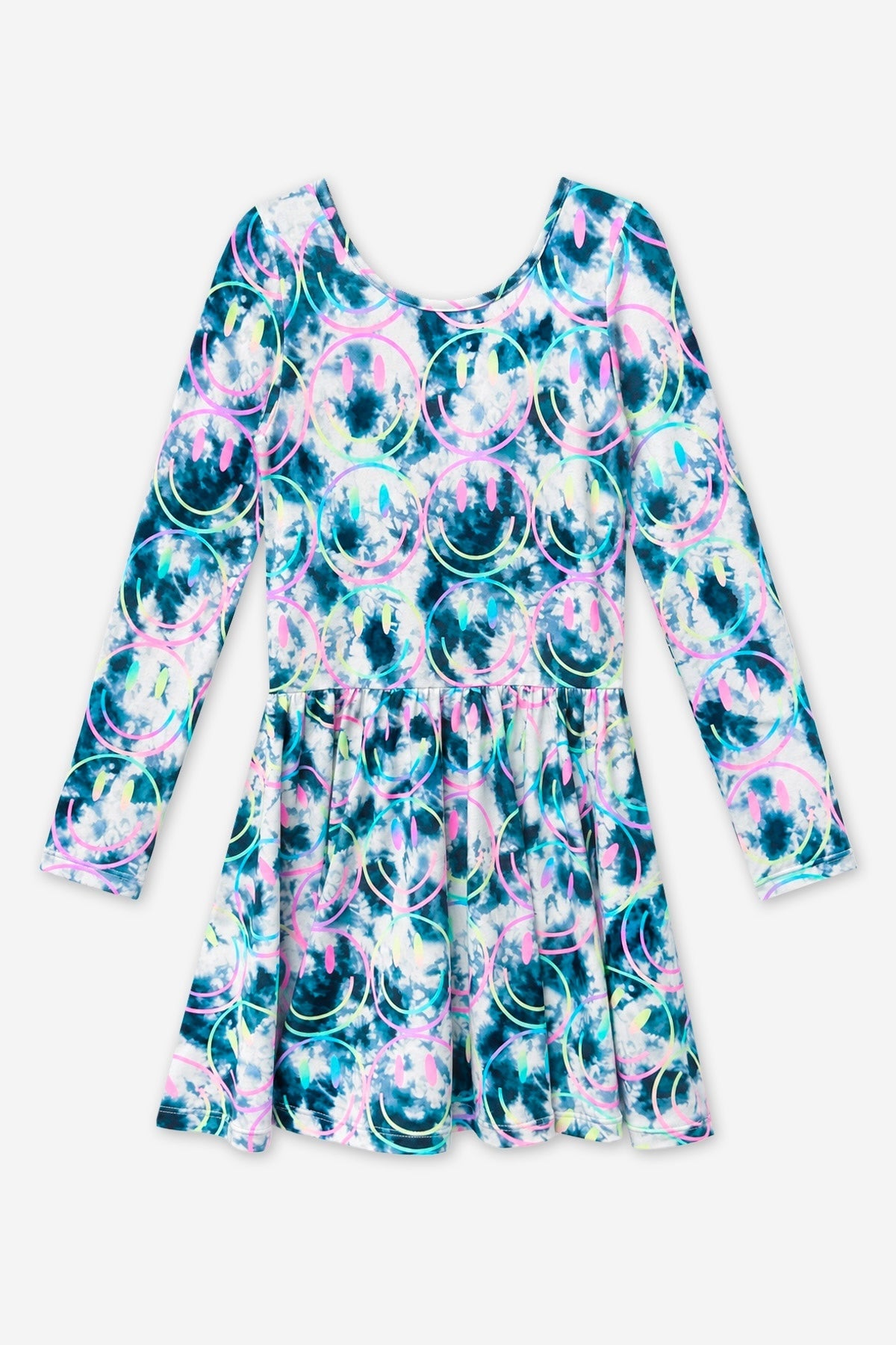 Simply Soft Long Sleeve Scoop Back Be Happy Dress - Black Ivory Tie Dye Rainbow Smile - NEW!