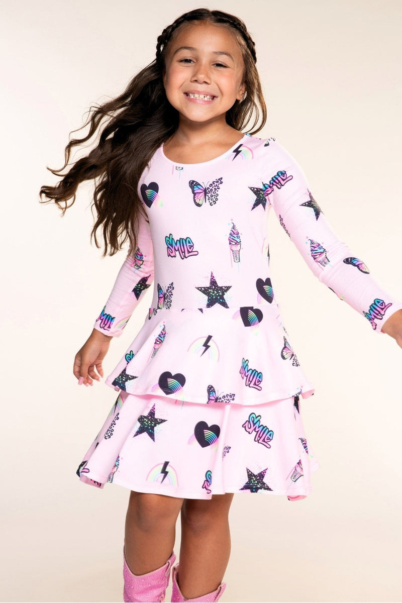 Simply Soft Long Sleeve Ruffle Skirt Dress - Light Pink Multi Rainbow Charms - NEW!